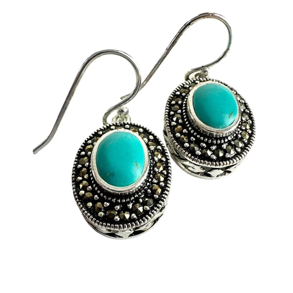 Thailand Silver Tone Turquoise & Marcasite Hook Earrings
